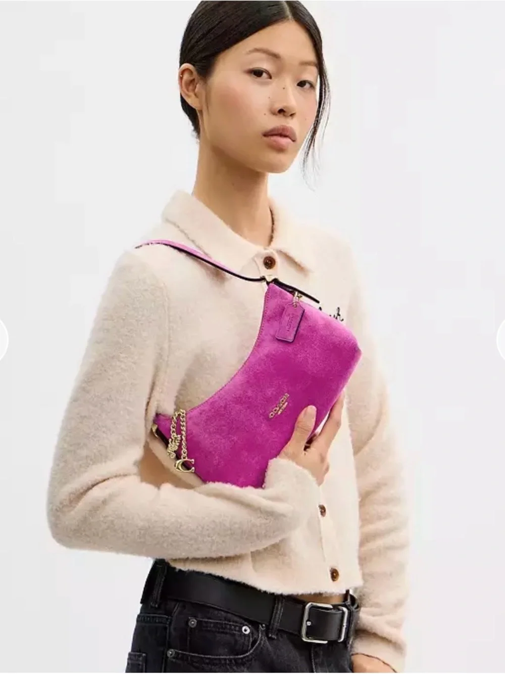 COACH Magenta is Suede Shoulder Bag with Gold Hardware